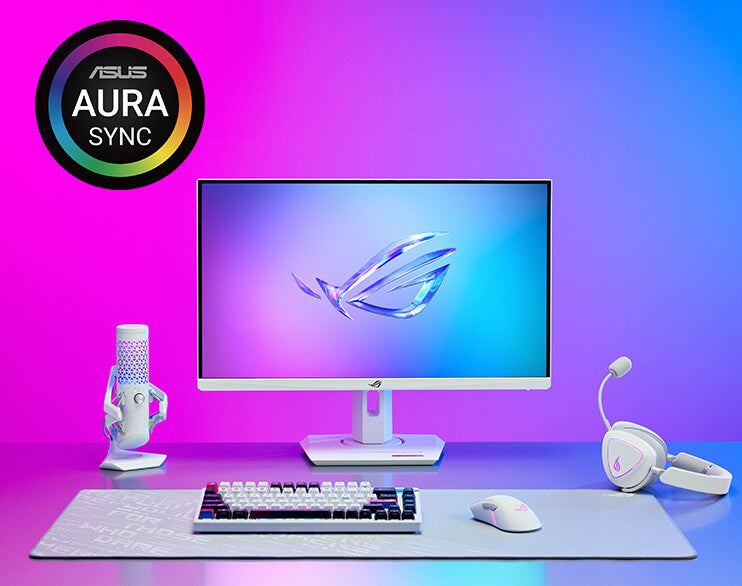 The ROG Delta II on the headset stand beside to the ROG monitor, keyboard, and mouse with ROG Aura Sync RGB lighting logo on the top.