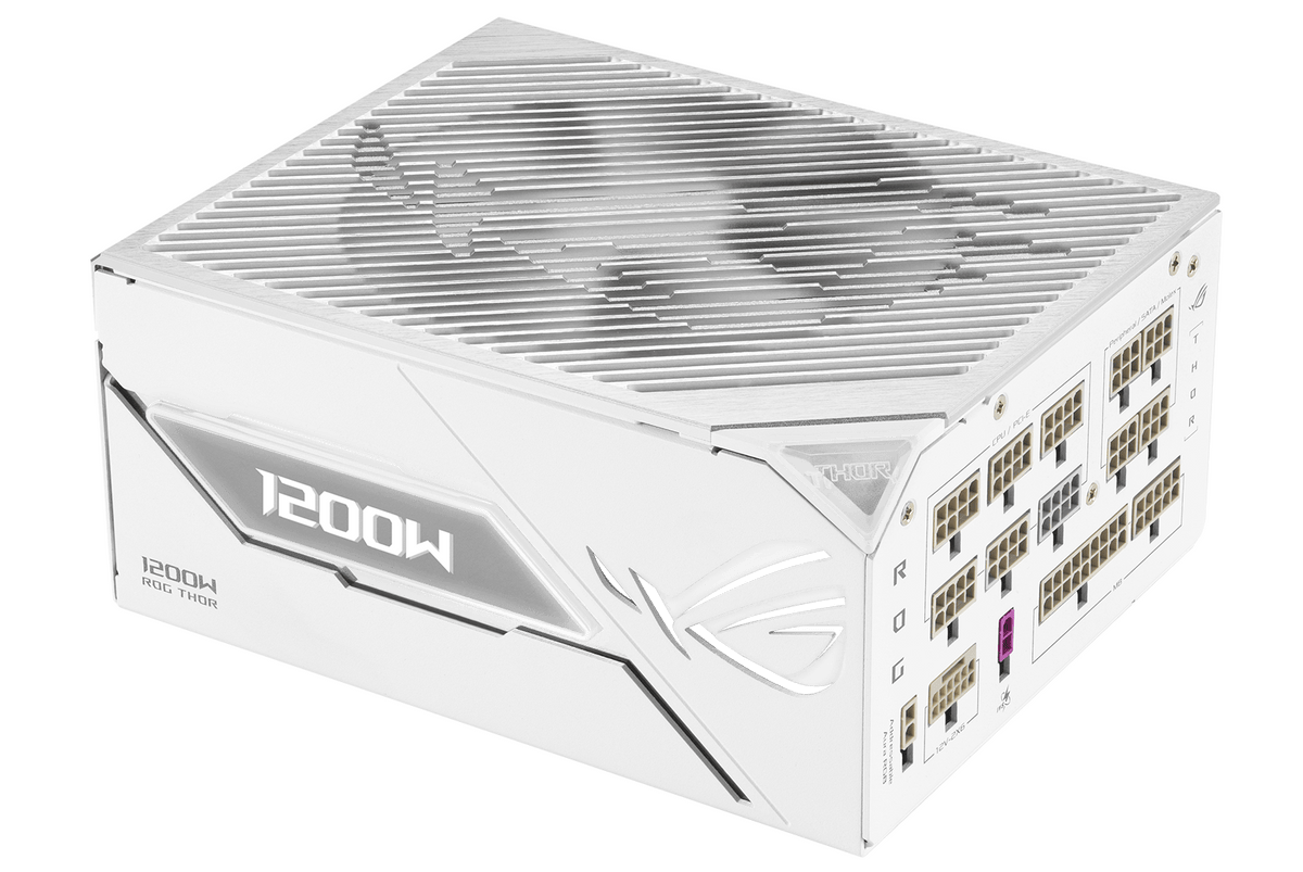Side angle of ROG Thor 1200W Platinum III, showing RGB lighting.