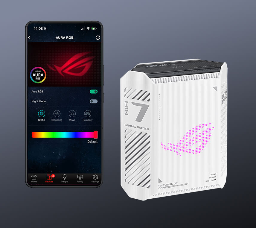 ROG Strix GS-BE7200 stands beside a ASUS Router mobile app displaying Aura RGB lighting controls.
