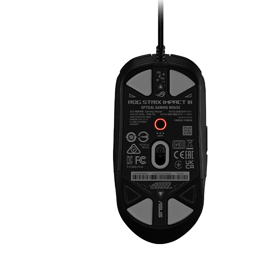 An image of the front and back view of the ROG Strix Impact III with the DPI button highlighted