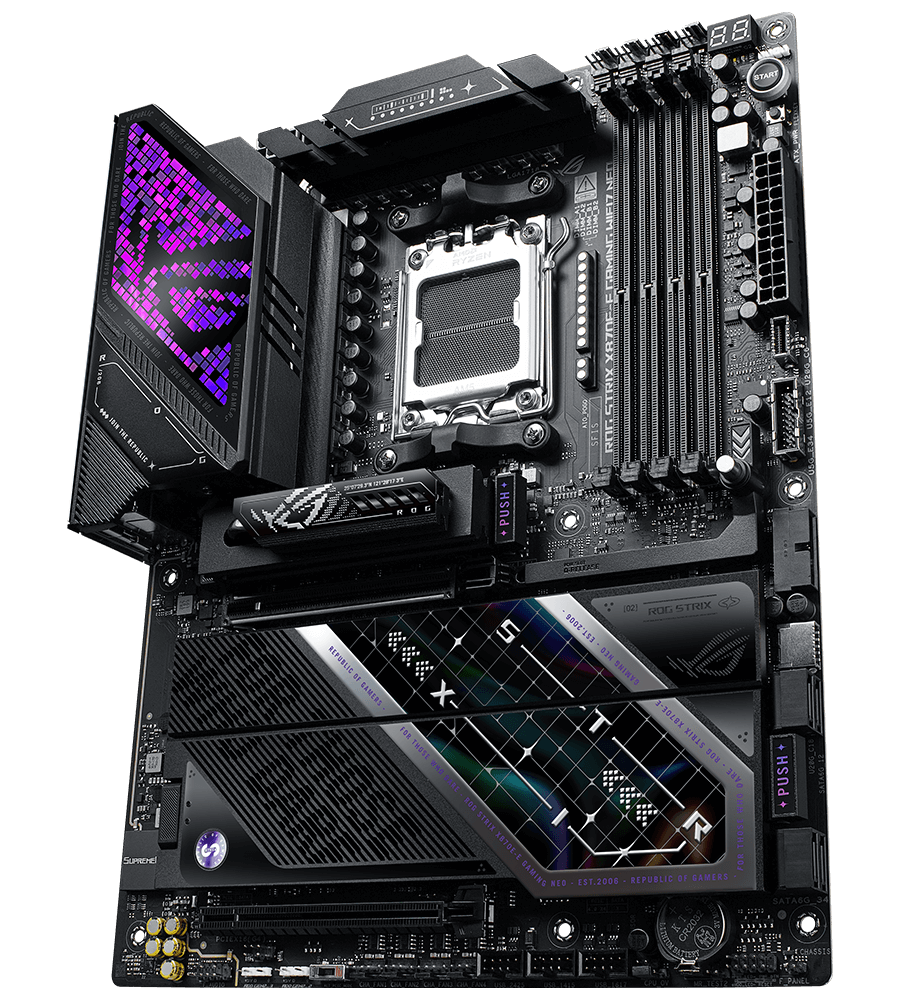 Highlight the ROG Strix X870E-E Gaming WiFi7 Neo PCIe 5.0 M.2 and expansion slot layout for total 24 PCIe 5.0 lanes