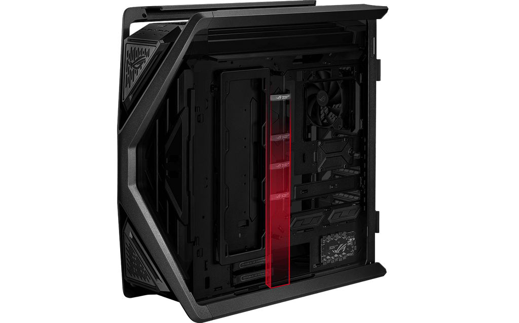 rear side of ROG Hyperion GR701 BTF Edition with cable management space highlighted
