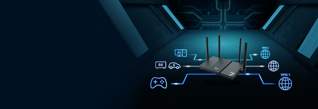 Three VPN tunnels under RT-BE50 front angle view.