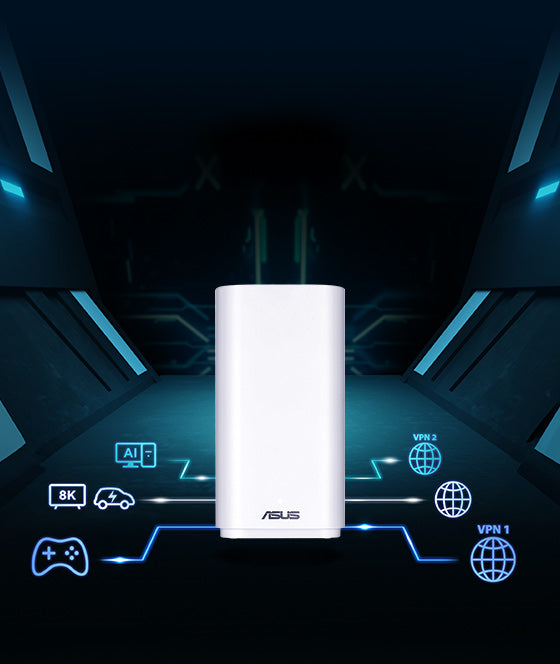Icons of AI PC, TV, electric car, and console connected via ZenWiFi BD4 Outdoor to different VPNs and the Internet.