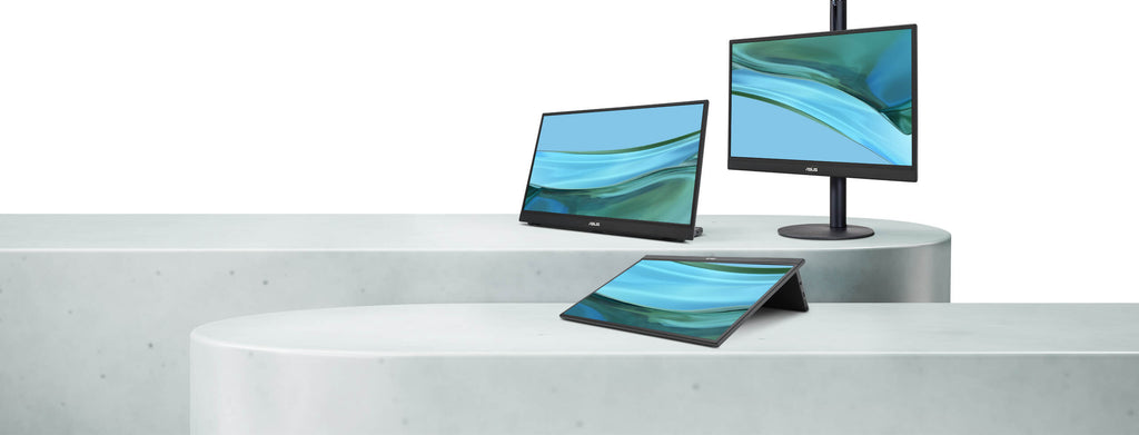 Showing three ASUS ZenScreen MB17AHG on ergo kickstand in various angles, and one ZenScreen installs on a tripod stand