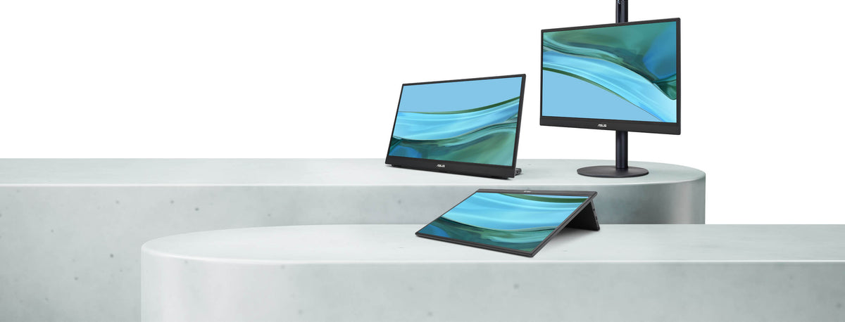 Showing three ASUS ZenScreen MB17AHG on ergo kickstand in various angles, and one ZenScreen installs on a tripod stand