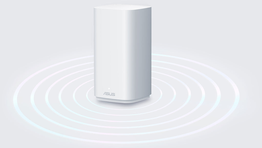 ASUS ZenWiFi BD4 Outdoor mesh router displayed with WiFi signal graphics underneath.