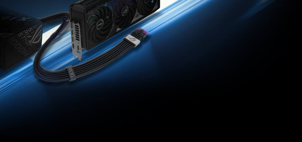 Close-up of an ROG power supply connected to an ROG graphics card via a braided ROG Equalizer 12V-2x6 PCIe cable. The setup is highlighted by a blue futuristic glow.