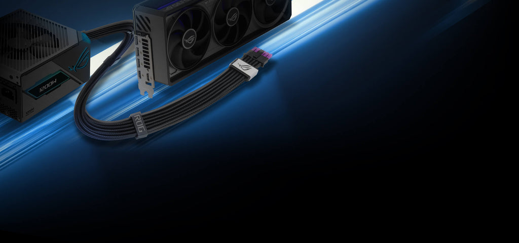 Close-up of an ROG power supply connected to an ROG graphics card via a braided ROG Equalizer 12V-2x6 PCIe cable. The setup is highlighted by a blue futuristic glow.