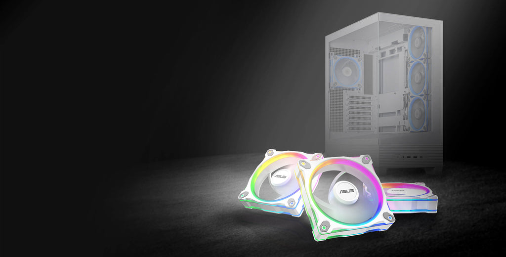 Three white ASUS Prime MR120 fans stacked in front of a white case