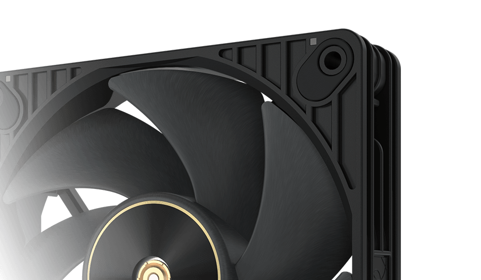 Close-up of a ProArt PF120 PC case fan against a dark background.