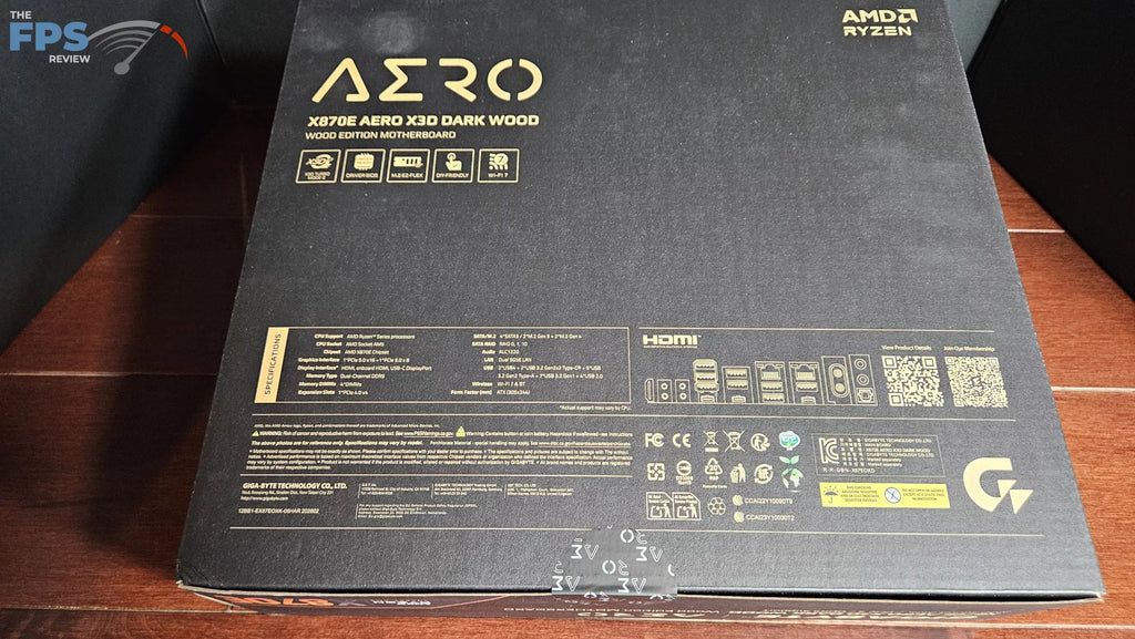 GIGABYTE X870E AERO X3D DARK WOOD motherboard: box-back