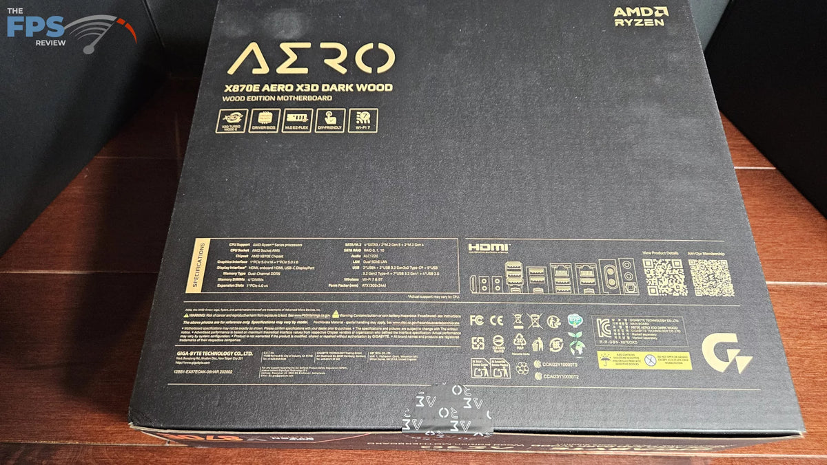 GIGABYTE X870E AERO X3D DARK WOOD motherboard: box-back