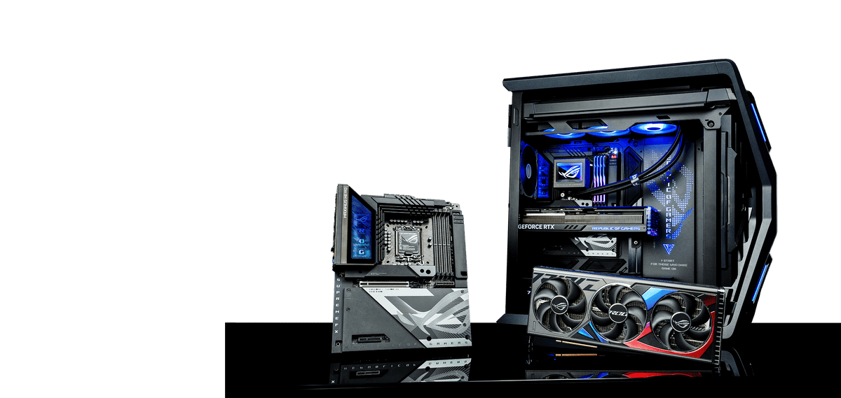 ROG BTF Ecosystem with ROG Maximus Z790 Hero BTF motherboard, ROG Strix GeForce RTX™ 4090 BTF Edition graphics card, and ROG Hyperion GR701 BTF Edition chassis