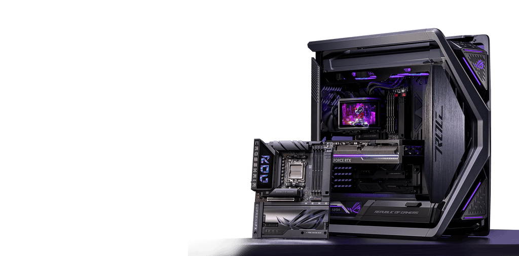 ROG BTF Edvanced BTF Dcosystem with ROG Maximus X870E Hero BTF motherboard, ROG Strix GeForce RTX™ 4090 BTF Edition graphics card, and ROG Hyperion GR701 BTF Edition chassis