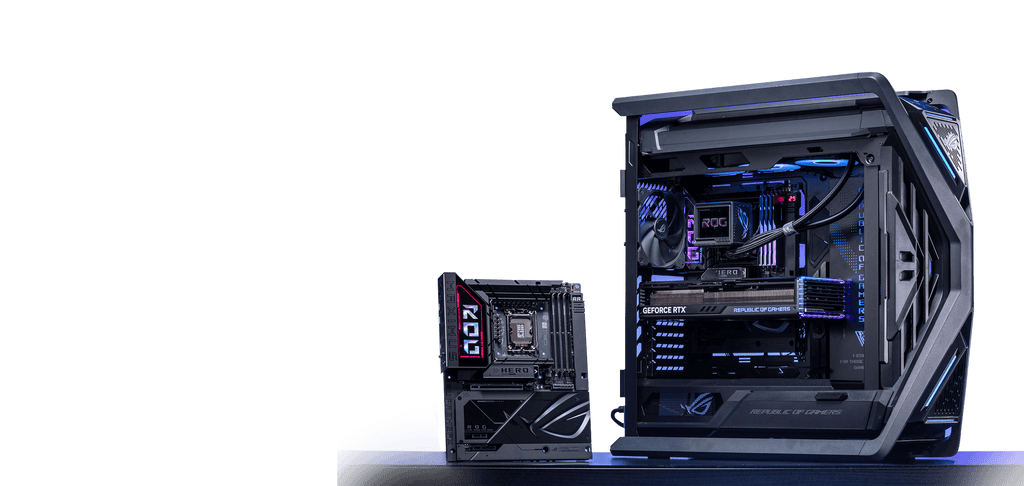 ROG BTF Ecosystem with ROG Maximus Z890 Hero BTF motherboard, ROG Strix GeForce RTX™ 4090 BTF Edition graphics card, and ROG Hyperion GR701 BTF Edition chassis