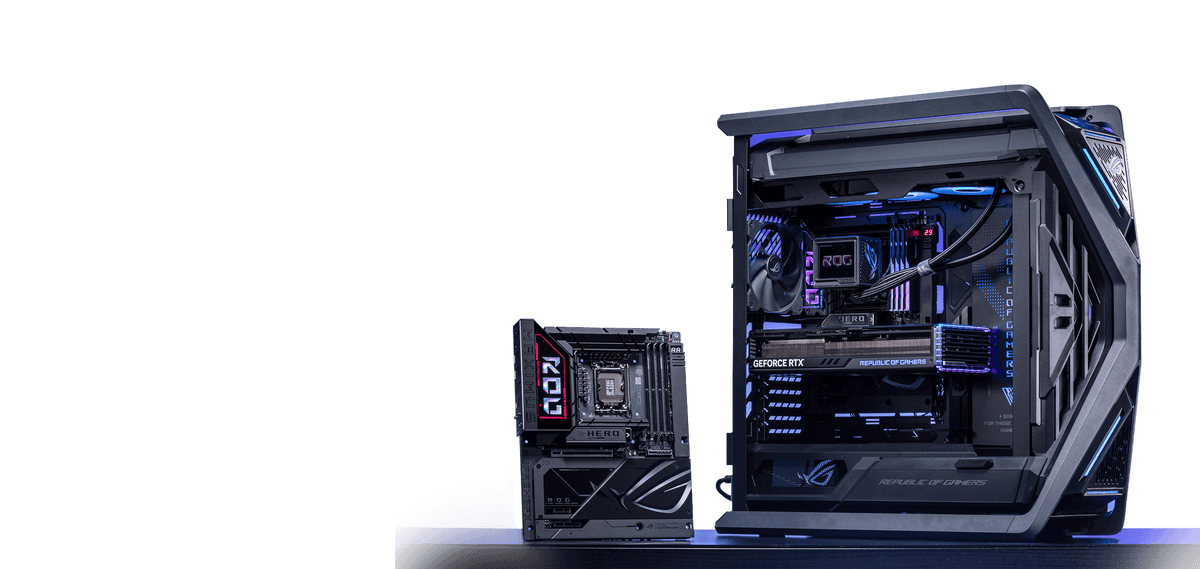 ROG BTF Ecosystem with ROG Maximus Z890 Hero BTF motherboard, ROG Strix GeForce RTX™ 4090 BTF Edition graphics card, and ROG Hyperion GR701 BTF Edition chassis