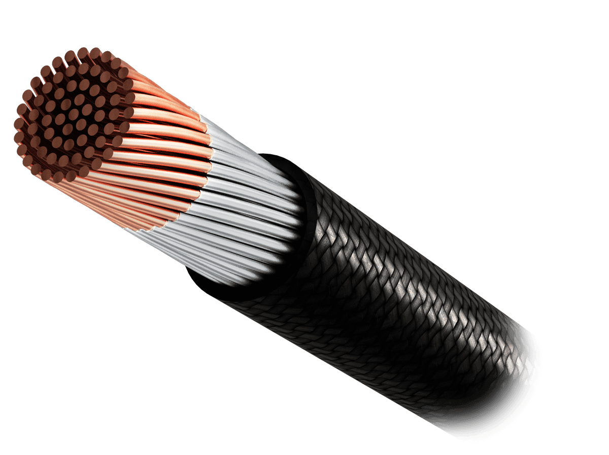 Cross-section of a cable showing solid core copper wire, tin-plated layer, and embossed cable jacket