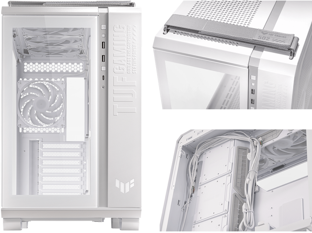 TUF Gaming GT502 PLUS white front view and TUF Gaming GT502 PLUS white top view with grey woven handle and TUF Gaming GT502 PLUS white color-matched cables