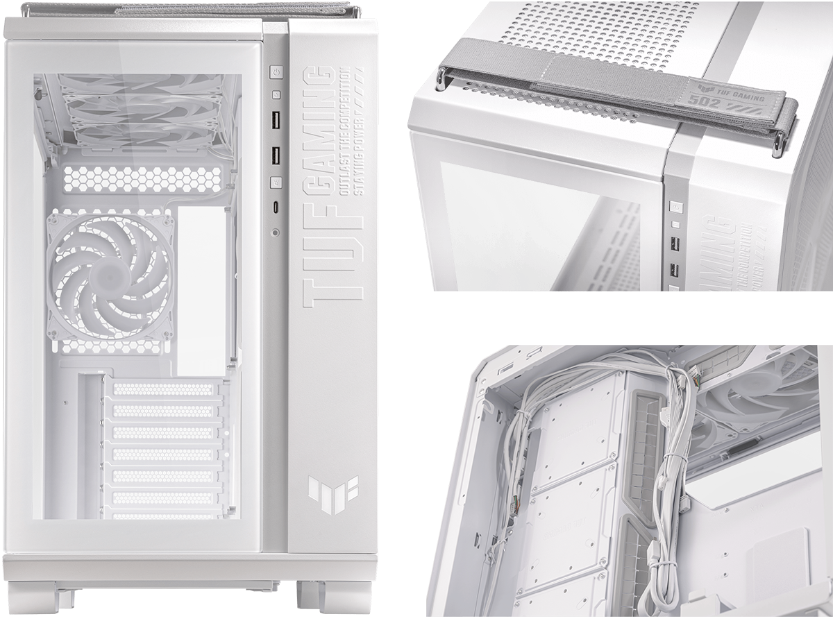 TUF Gaming GT502 PLUS white front view and TUF Gaming GT502 PLUS white top view with grey woven handle and TUF Gaming GT502 PLUS white color-matched cables