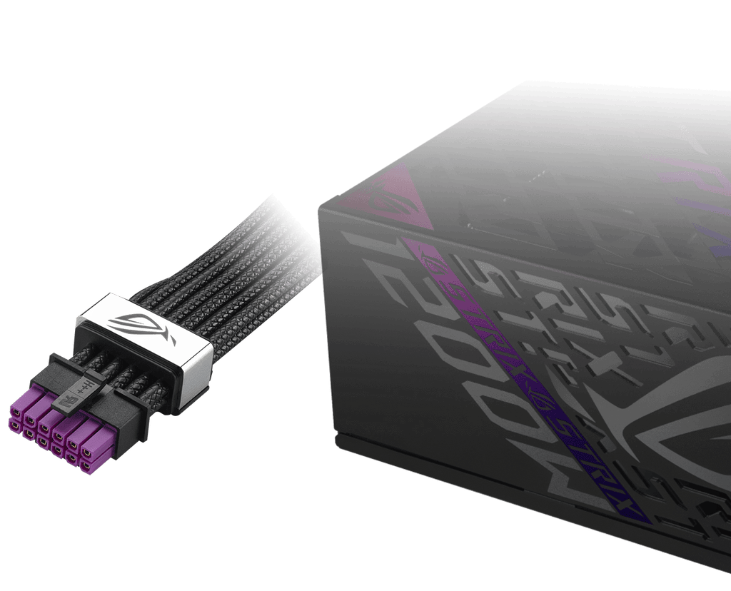 Close-up of a ROG Strix 1200W Platinum power supply unit with a ROG Equalizer 12V-2x6 PCIe cable, showcasing a sleek, futuristic design against a dark backdrop.