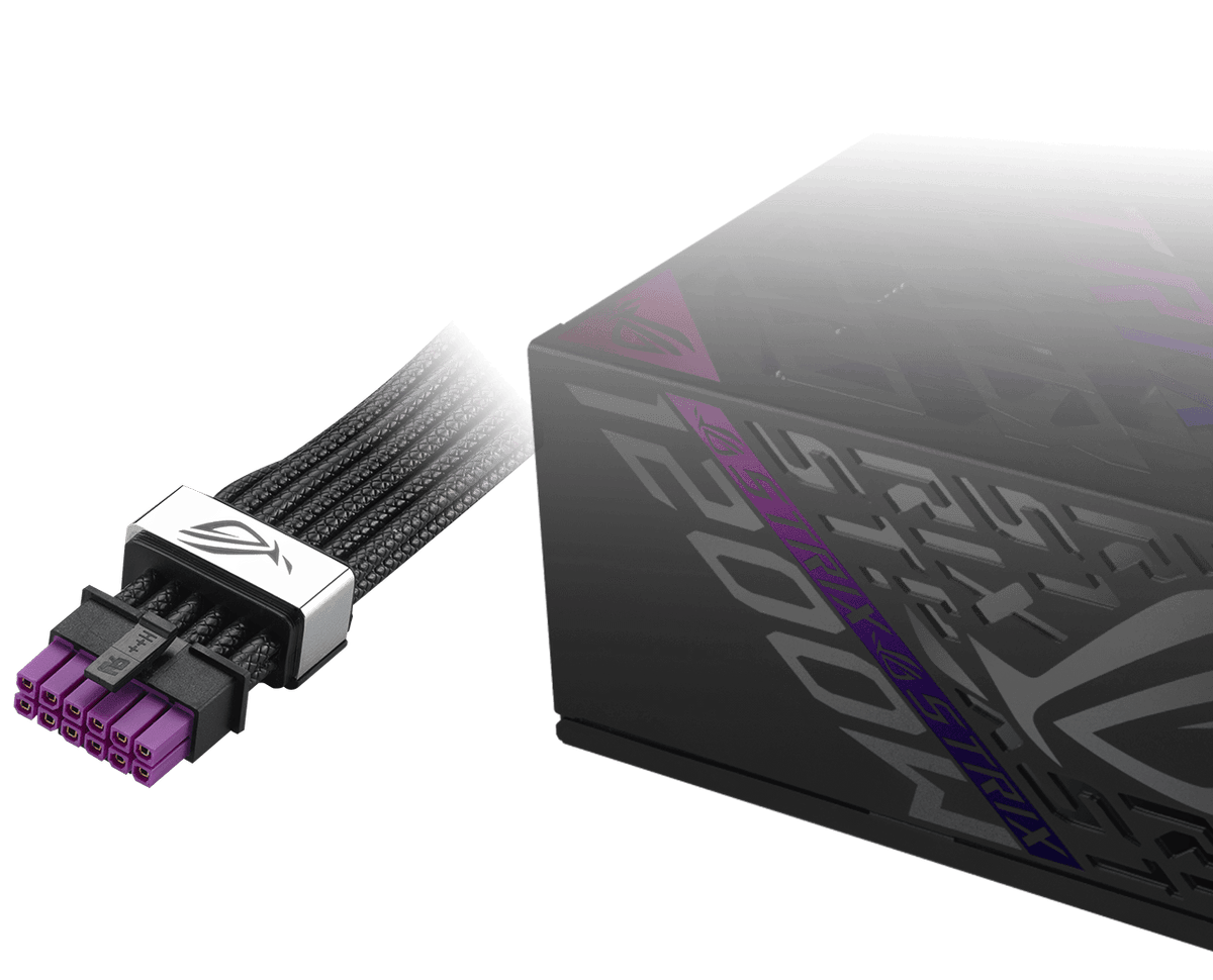 Close-up of a ROG Strix 1200W Platinum power supply unit with a ROG Equalizer 12V-2x6 PCIe cable, showcasing a sleek, futuristic design against a dark backdrop.