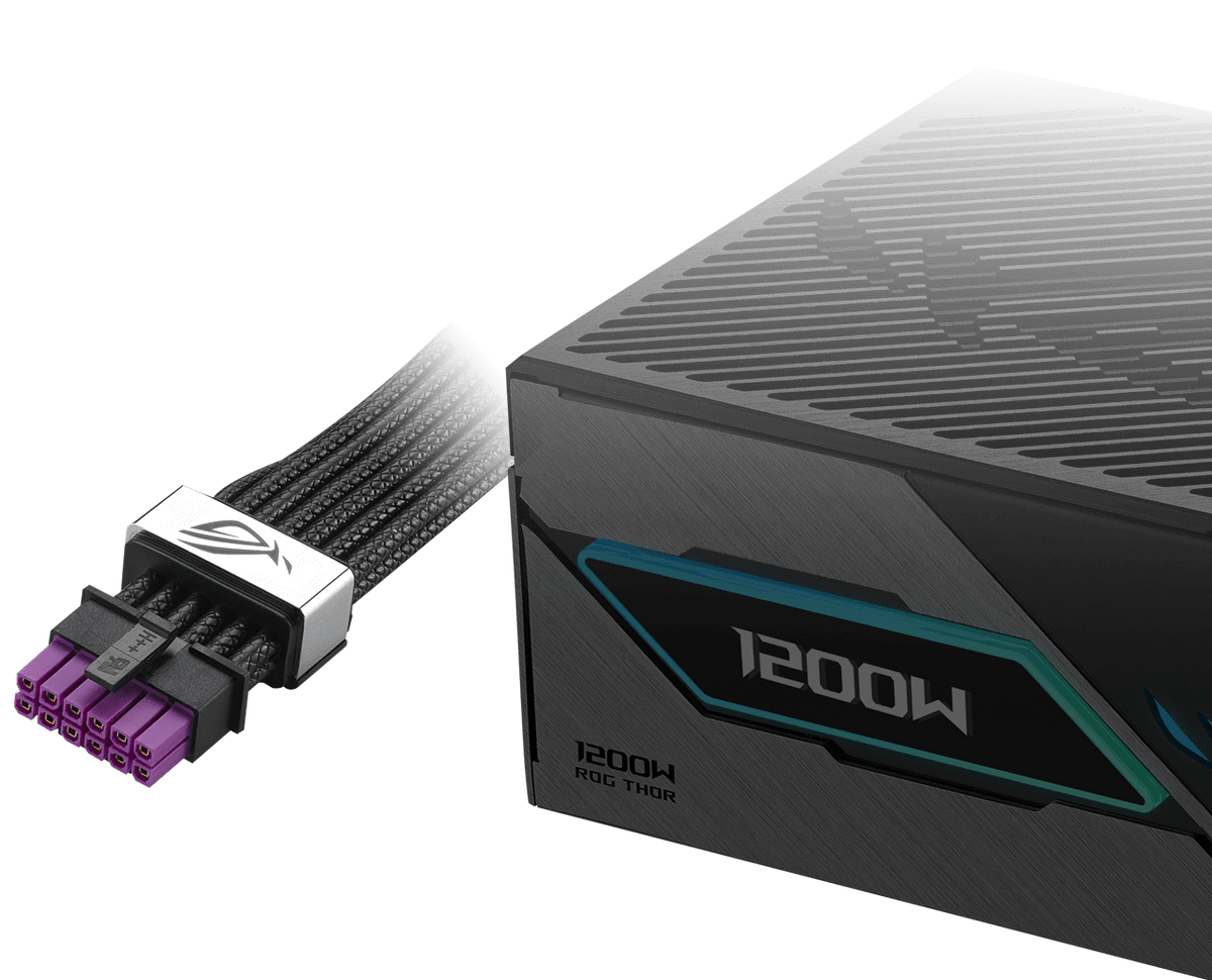 Close-up of a ROG Thor III 1200W Platinum power supply unit with a ROG Equalizer 12V-2x6 PCIe cable, showcasing a sleek, futuristic design against a dark backdrop.
