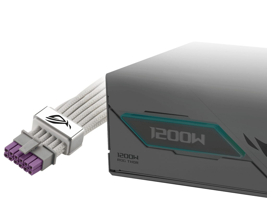 Close-up of a ROG Thor III 1200W Platinum power supply unit with a ROG Equalizer 12V-2x6 PCIe cable, showcasing a sleek, futuristic design against a dark backdrop.