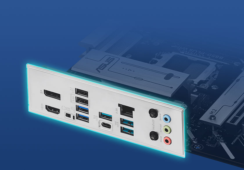 Graphic depicting the PRIME B850-PLUS WIFI pre-mounted I/O Shield.