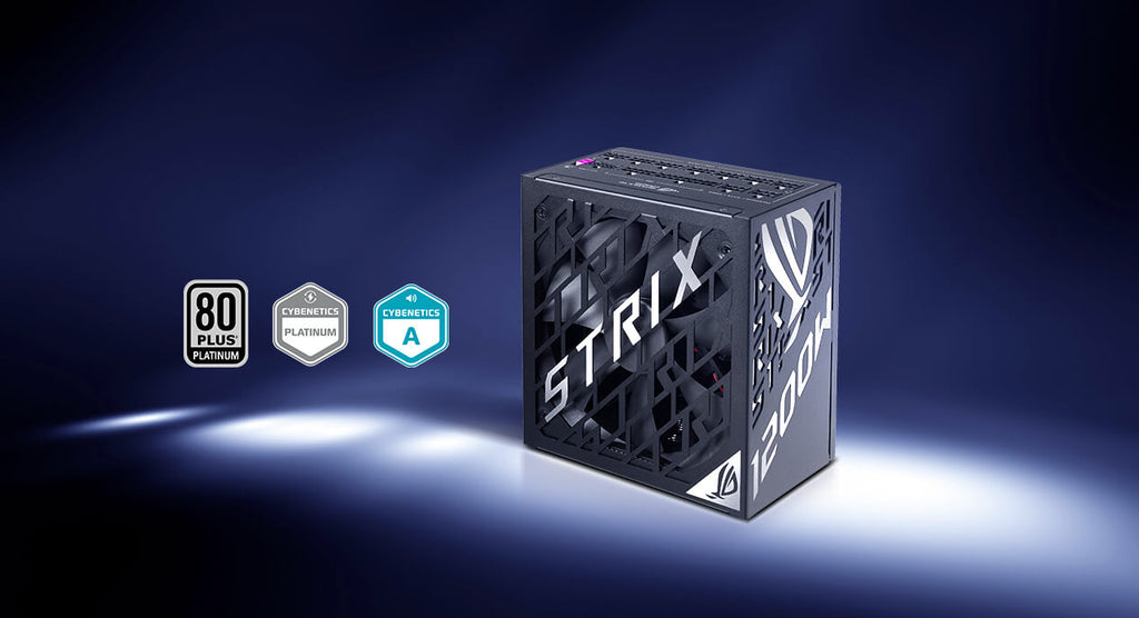 ROG Strix 1200W Platinum power supply shown in a side view, accompanied by 80 PLUS Platinum, Cybenetics Platinum, and Cybenetics Lambda A certification badges on a dark blue gradient background.