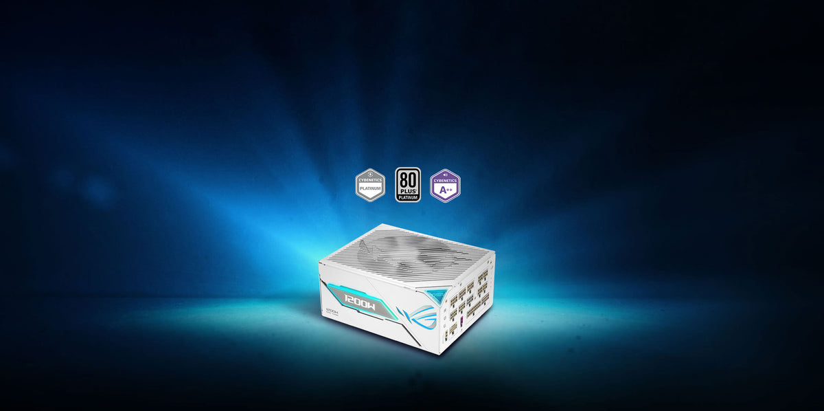 ROG Thor 1200W Platinum III White power supply shown in a side view, accompanied by 80 PLUS Platinum, Cybenetics Platinum, and Cybenetics Lambda A++ certification badges on a dark blue gradient background.