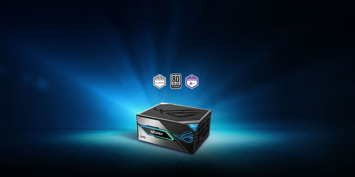 ROG Thor 1200W Platinum III power supply shown in a side view, accompanied by 80 PLUS Platinum, Cybenetics Platinum, and Cybenetics Lambda A++ certification badges on a dark blue gradient background.