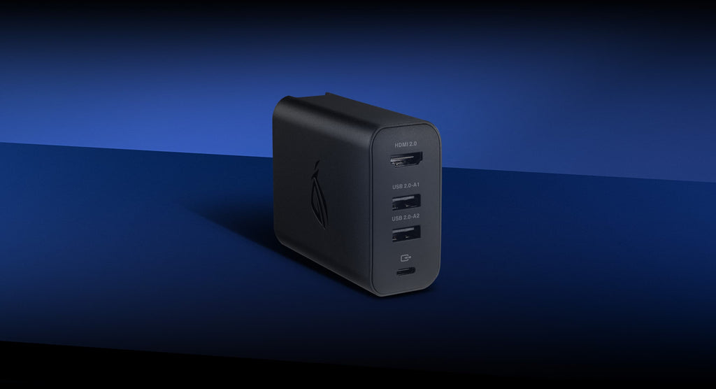 An ROG 100W Gaming Charger Dock with all of the ports labeled, including HDMI 2.0, dual USB 2.0, and USB-C.