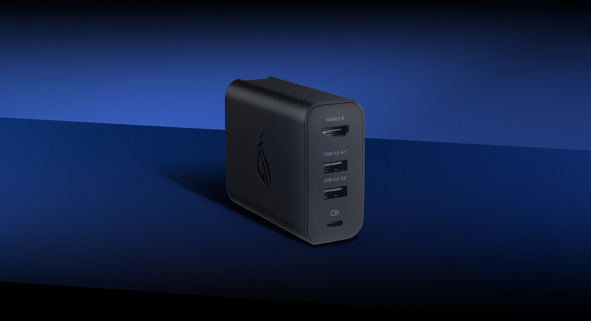 An ROG 100W Gaming Charger Dock with all of the ports labeled, including HDMI 2.0, dual USB 2.0, and USB-C.