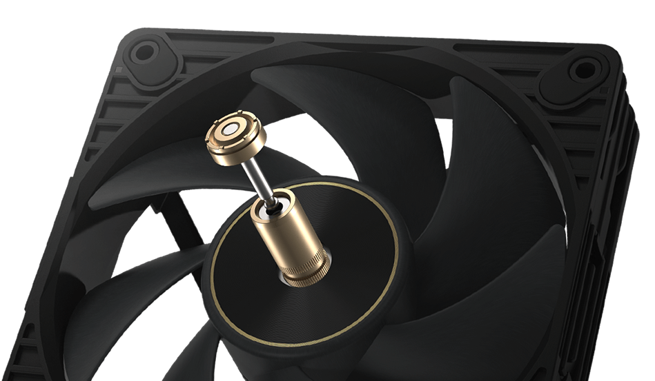 Close-up of a ProArt PF120 PC case fan with a gold cylindrical component above it to show its brass bearing shell design.