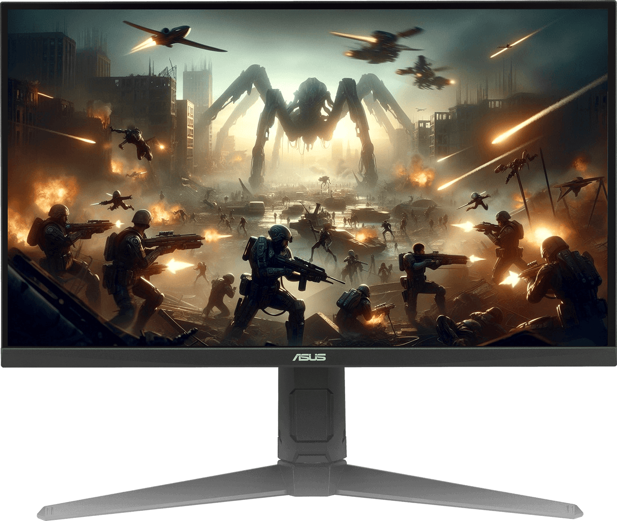 The VG27AQL5A monitor displaying vibrant, color-saturated gameplay footage of a combat scene
