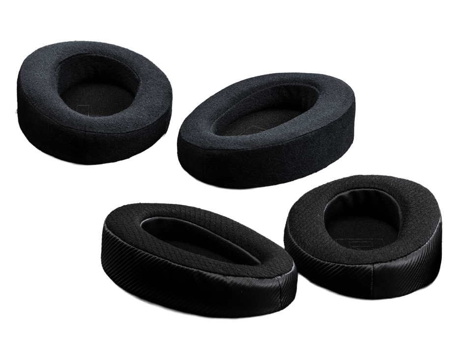 Two types of ROG Kithara ear pads shown, including leatherette-with-fabric and velour options
