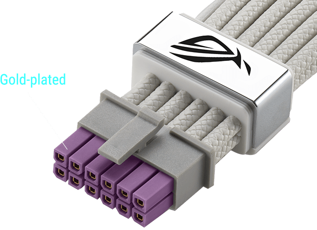 ROG Equalizer purple designed 12V-2x6 PCIe cable connector close-up shot
