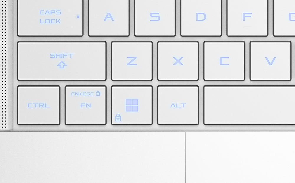 An extreme close up of a Platinum White Zephyrus G14’s keyboard.