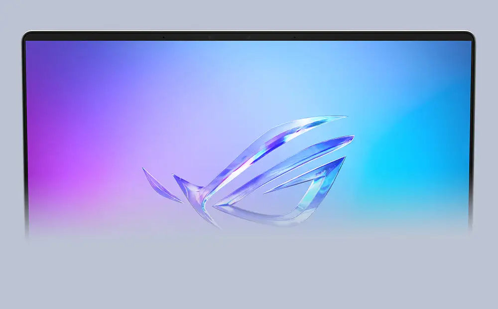 The top half of a Zephyrus G14’s screen, with the ROG Fearless Eye logo on screen.