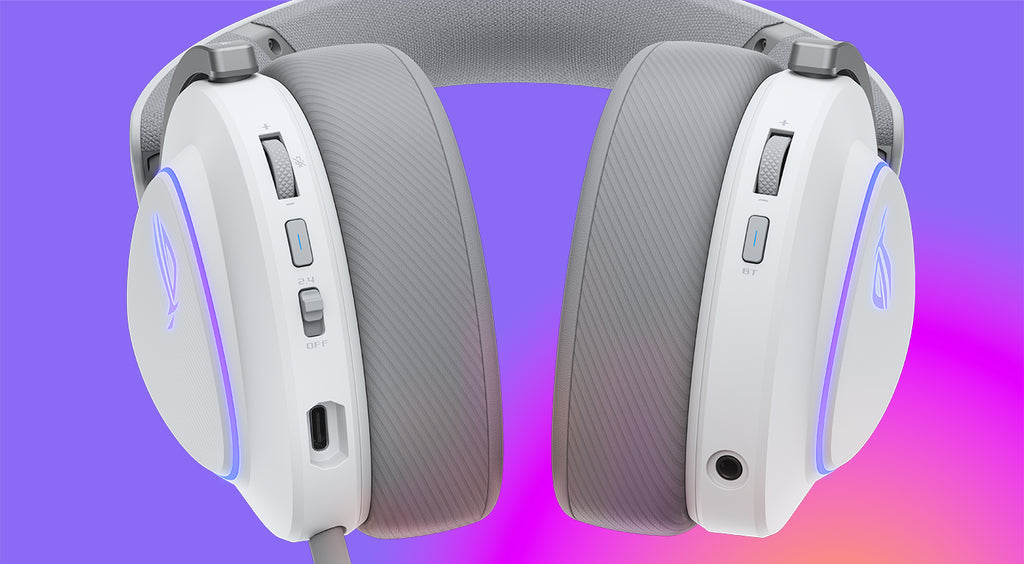 Viewing ROG Delta II from the bottom to highlight different buttons on the ear cup. On the right side, buttons are designed to control audio when connecting via Bluetooth. On the left side, buttons are designed to control audio when connecting via 2.4 GHz RF.
