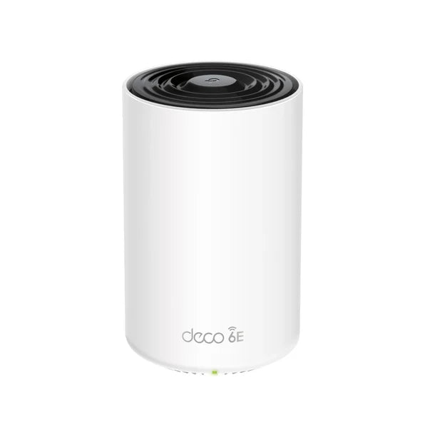 One white TP-Link Deco mesh Wi-Fi 6E router on a white background.