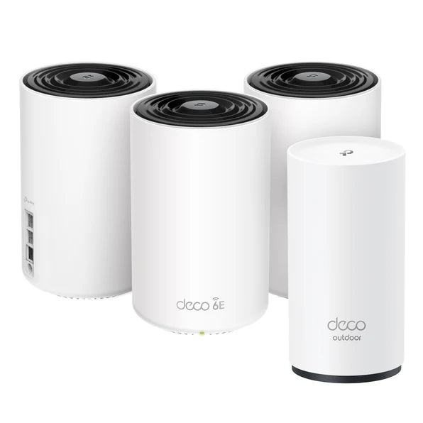 Bundle of three TP-Link Deco Wi-Fi 6E routers with one TP-Link Deco Wi-Fi outdoor router