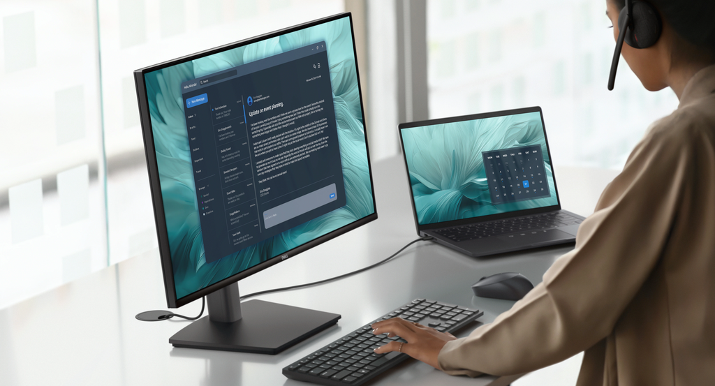 A person works at an office desk with their monitor connect to their laptop.