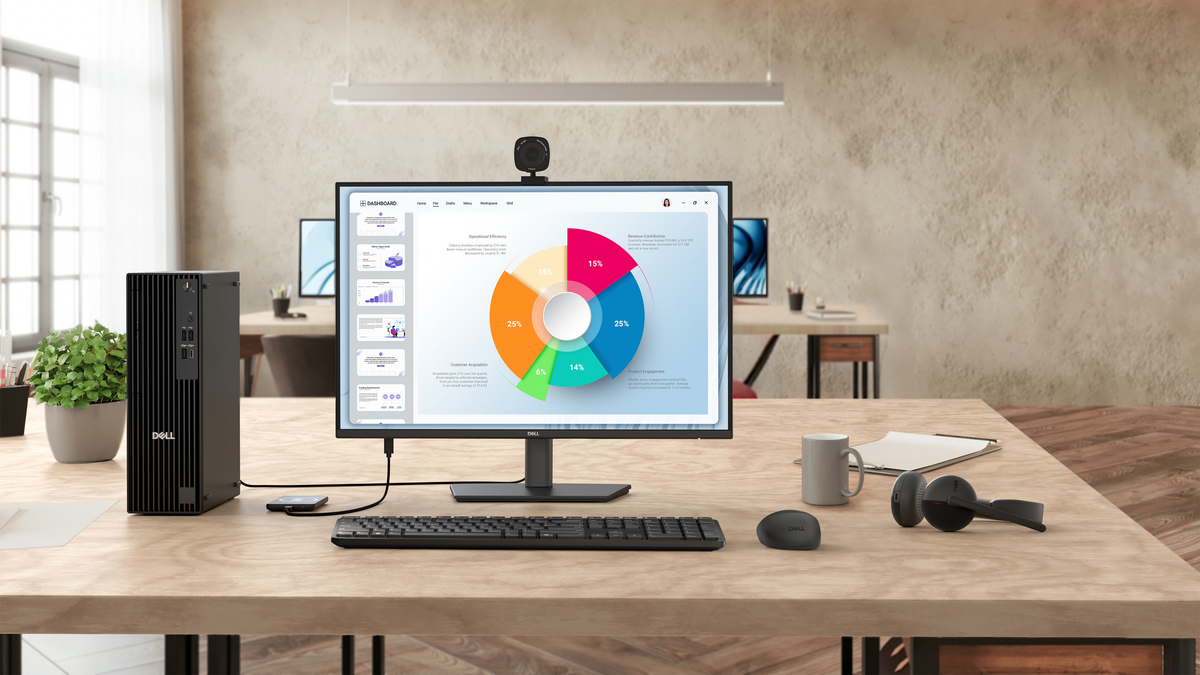 A Dell Pro 24 Plus 16:10 monitor on a desk, along with accessories like a wireless mouse, keyboard, headphones, and more.