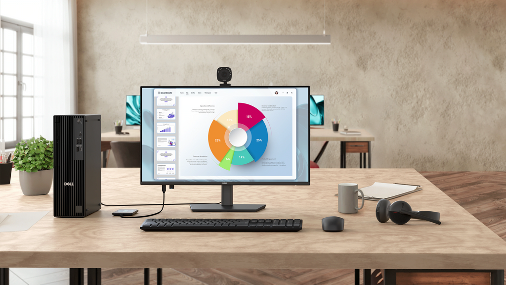 A Dell Pro 24 Plus monitor on a desk, along with accessories like a wireless mouse, keyboard, headphones, and more.