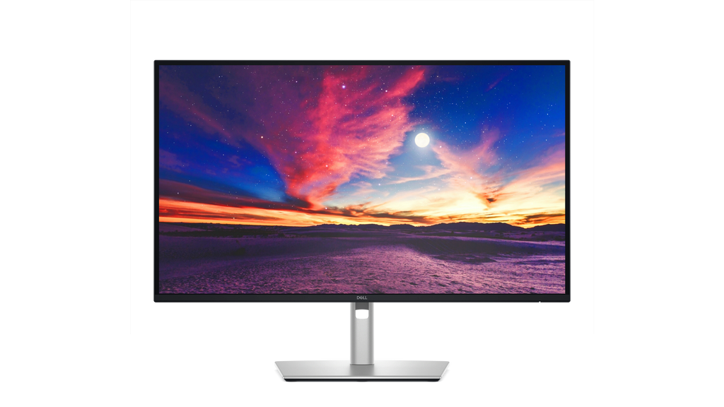 The Dell Pro 27 Plus 4K USB-C Hub Monitor with a screenfill showing a desert and a colorful sky.
