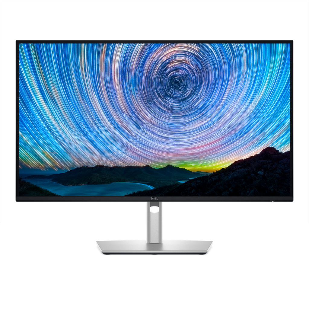 The Dell Pro 27 Plus QHD Monitor with a screenfill showing mountains and a swirling starry sky.