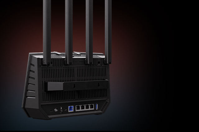 Rear view of RT-BE92U with airflow illustration and wall mount kit highlighted.