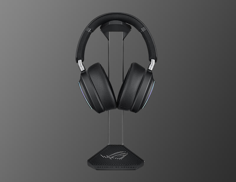 ROG Throne II Core Gaming Headset paired with an ROG Gaming Headset with a grey background